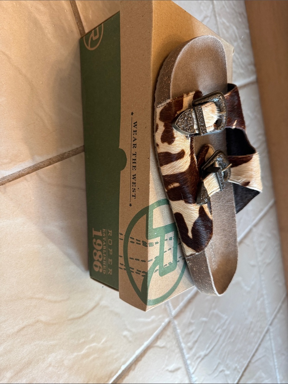 Roper Cowhide Two-Buckle Slide Sandal in Brown and Cream